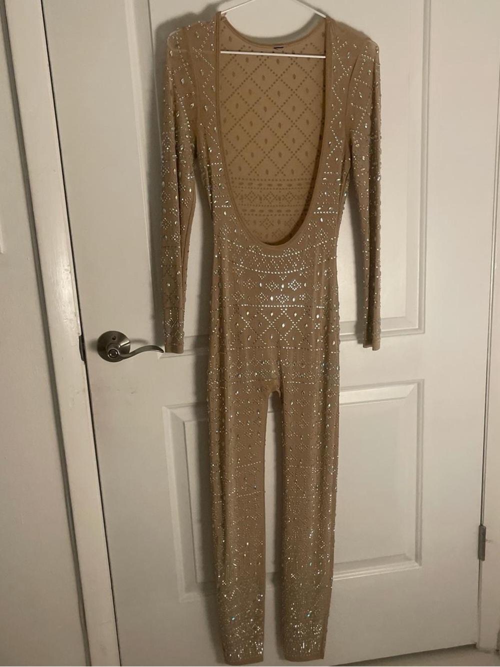 Women's Nude Sequin Long-Sleeve Jumpsuit